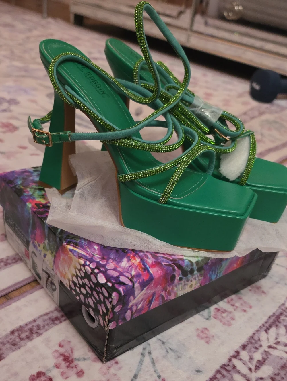 Green Rhinestone Strappy Platform Heels